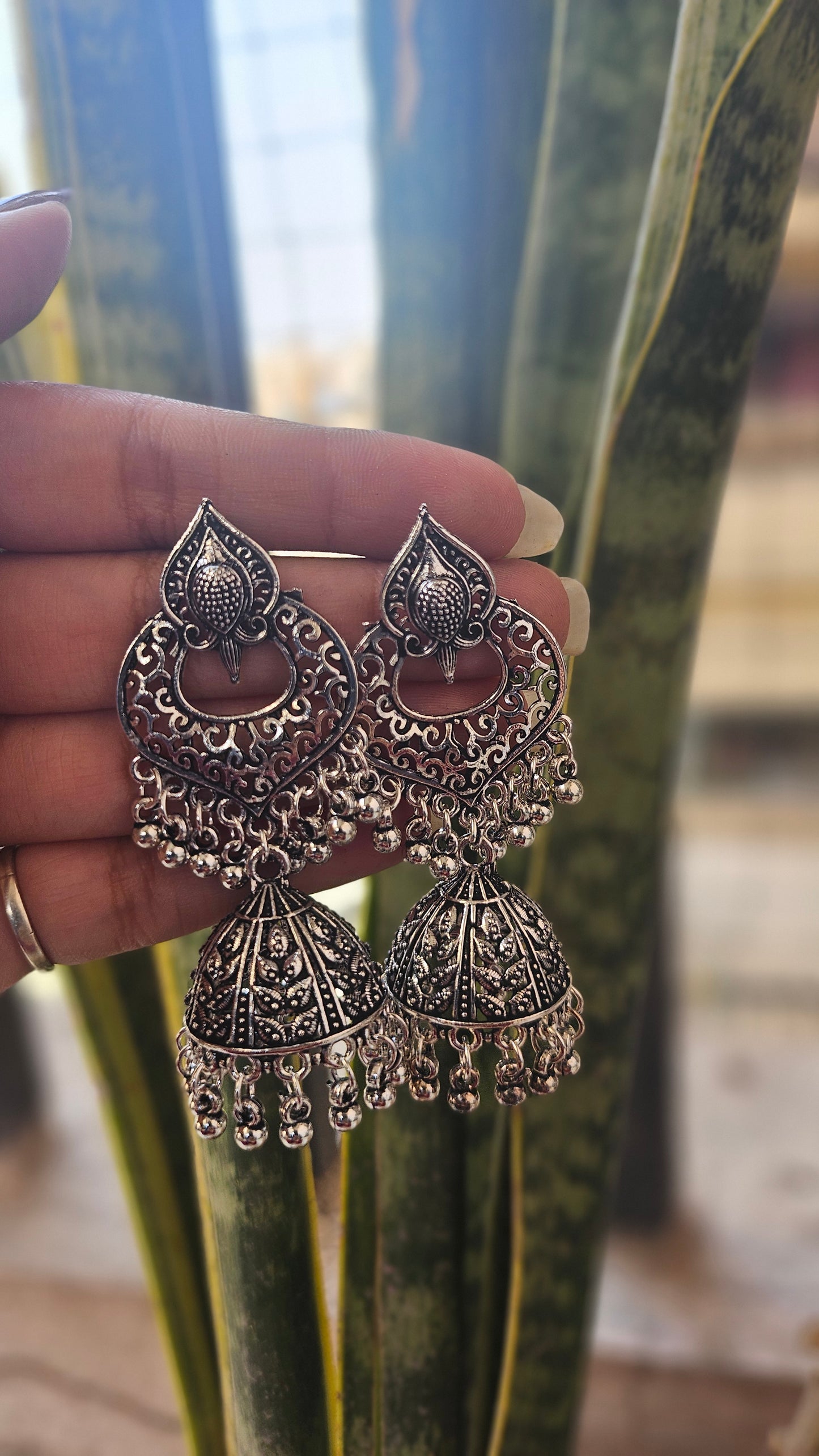 Oxidized Silver Peacock Jhumka Earrings