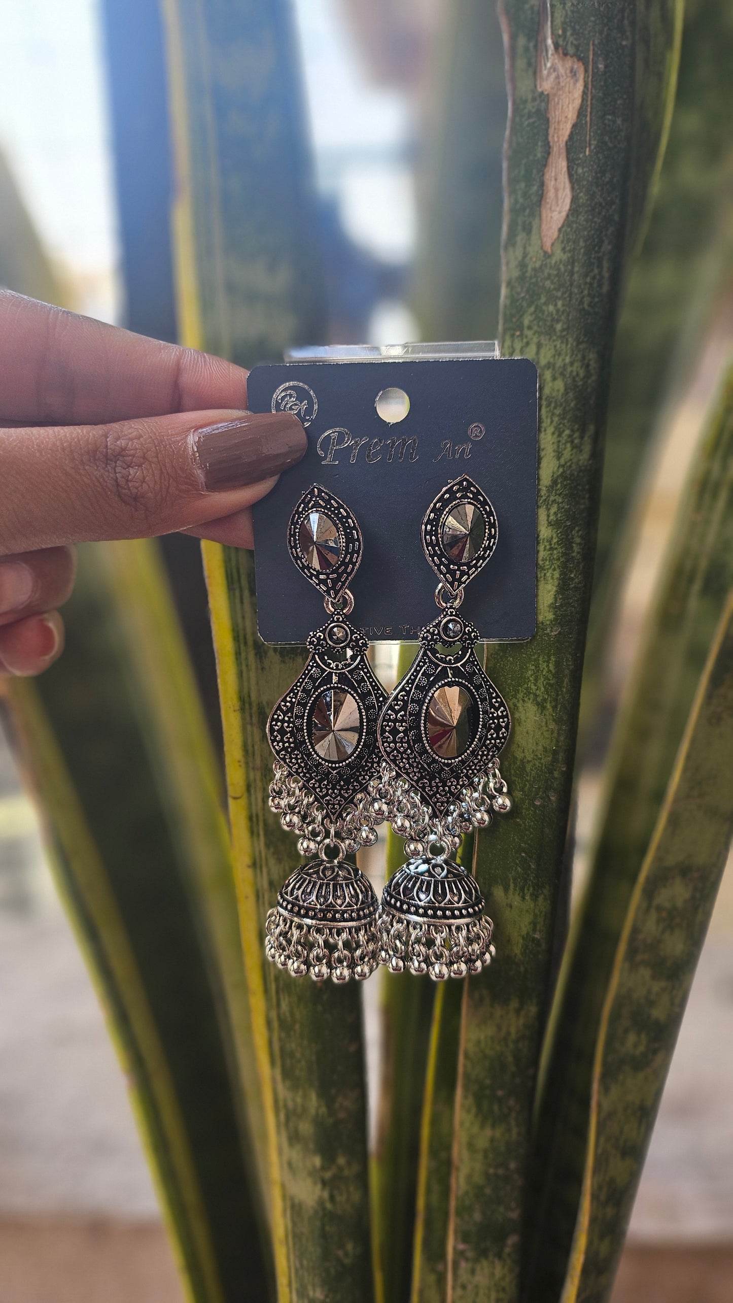 Mirror Work Oxidized Jhumka Earrings