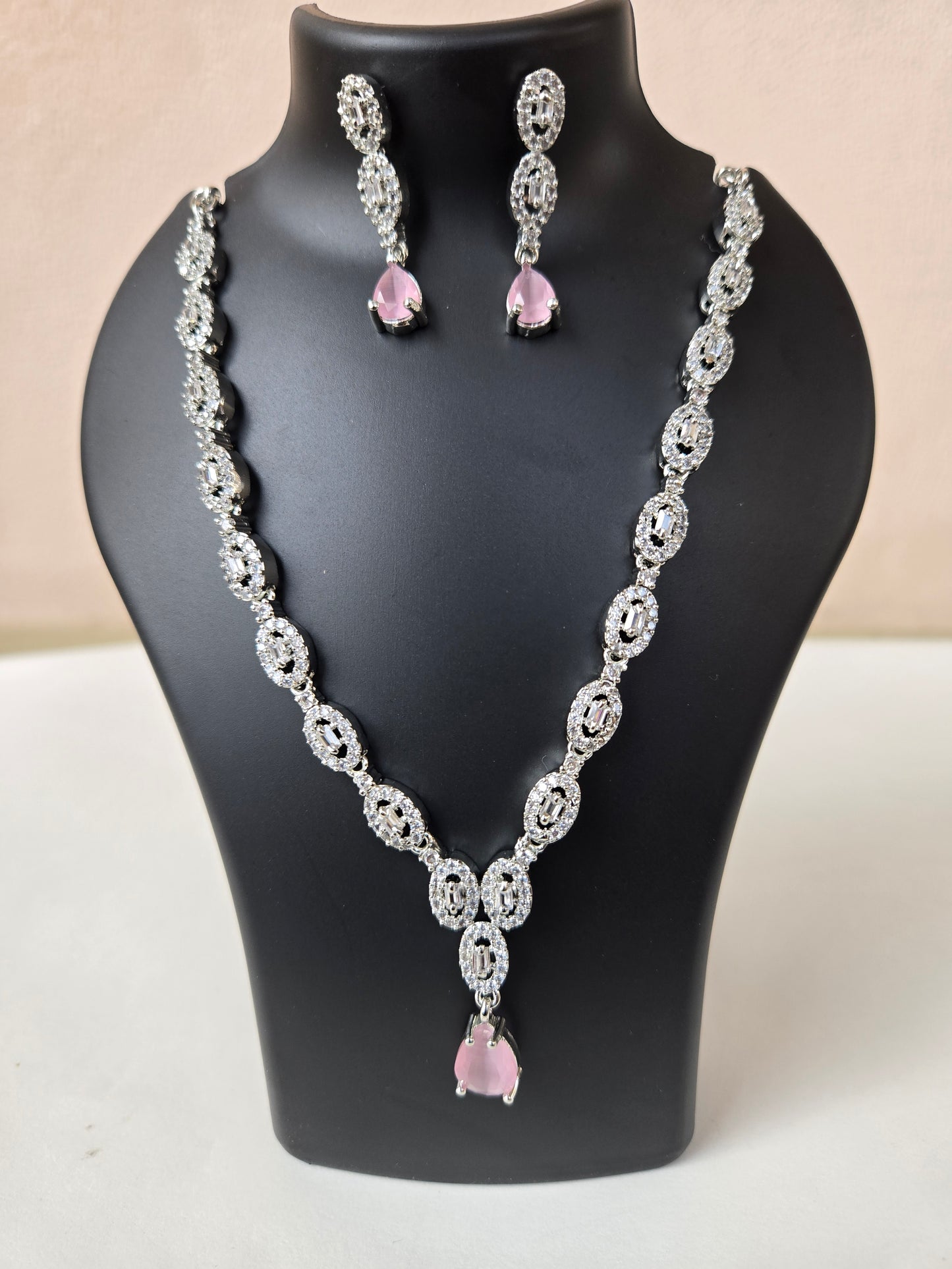 Deepika Inspired Necklace - Silver-Toned CZ Necklace Set - Pink