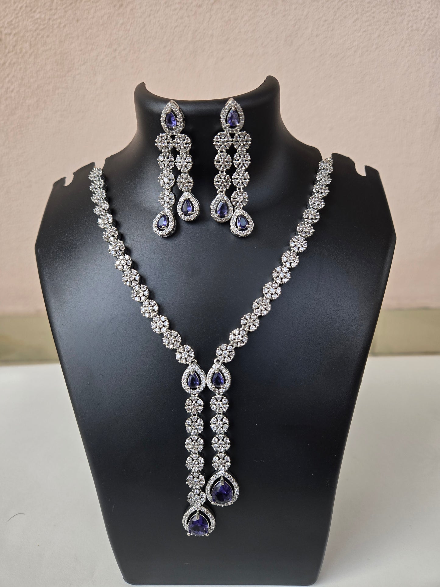 Elegant Silver-Toned CZ Necklace Set - Purple