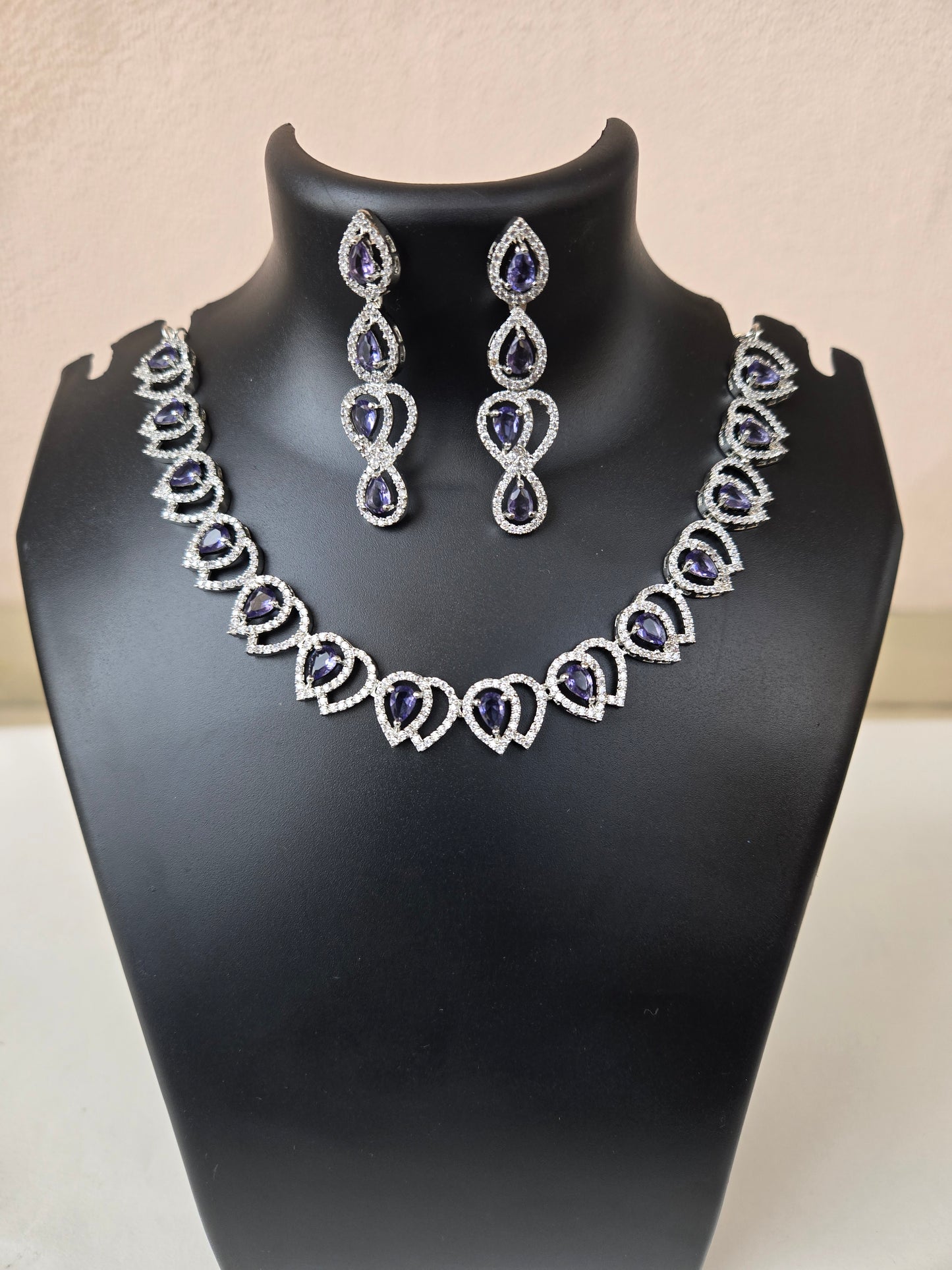American Diamond Studded Necklace Jewellery Set with Earrings - Purple