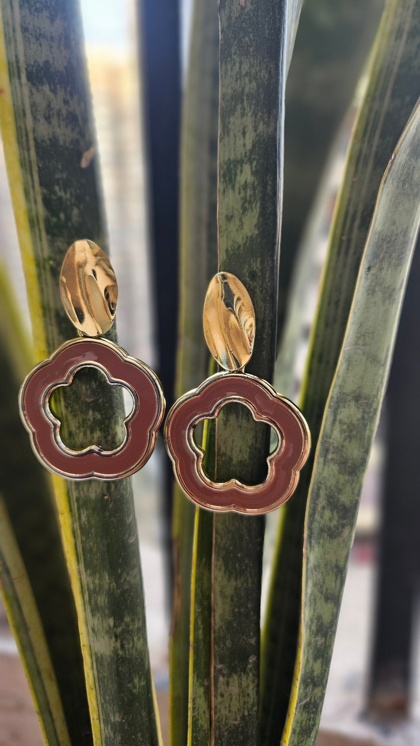 Modern Brown & Gold Flower-Shaped Drop Earrings