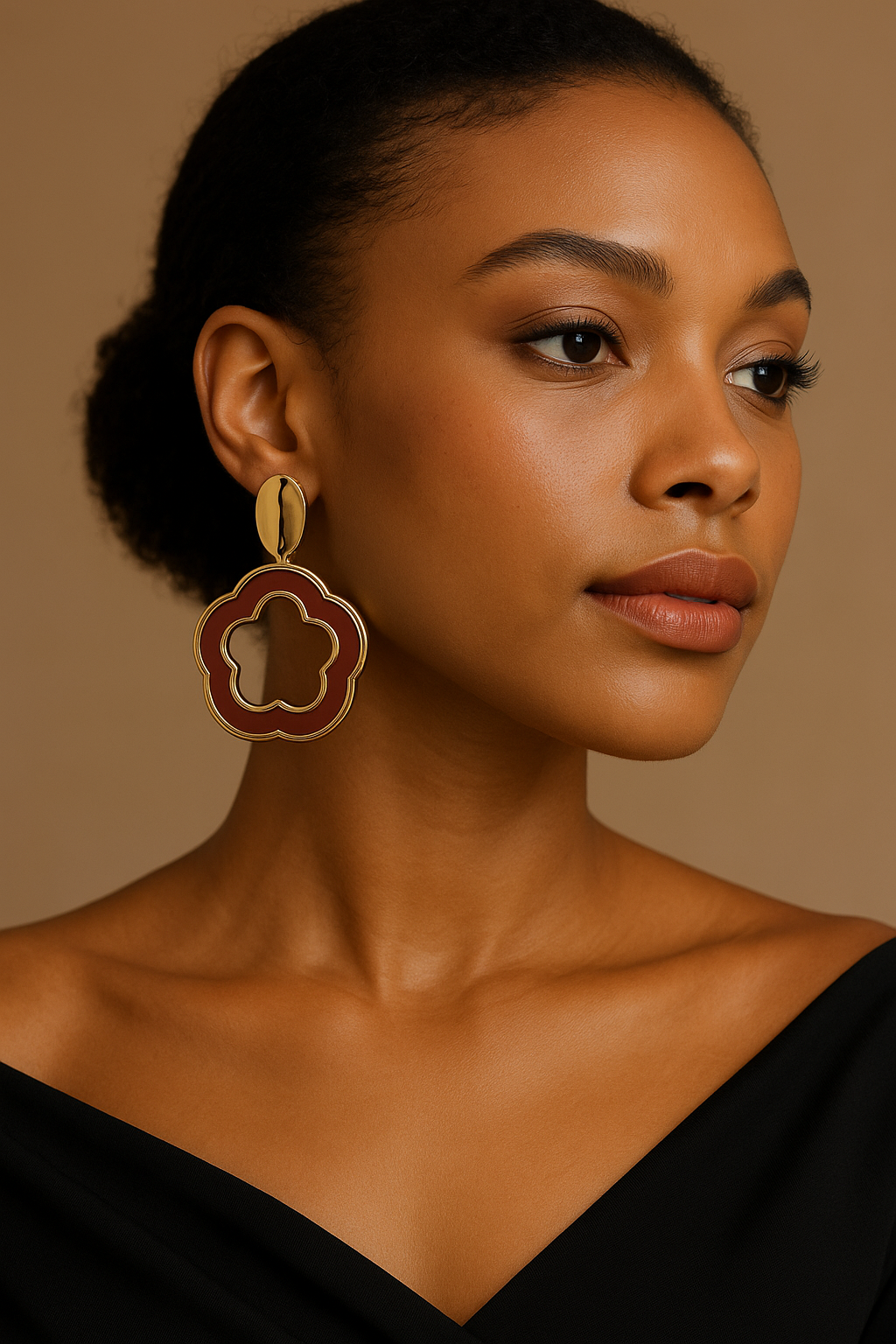Modern Brown & Gold Flower-Shaped Drop Earrings
