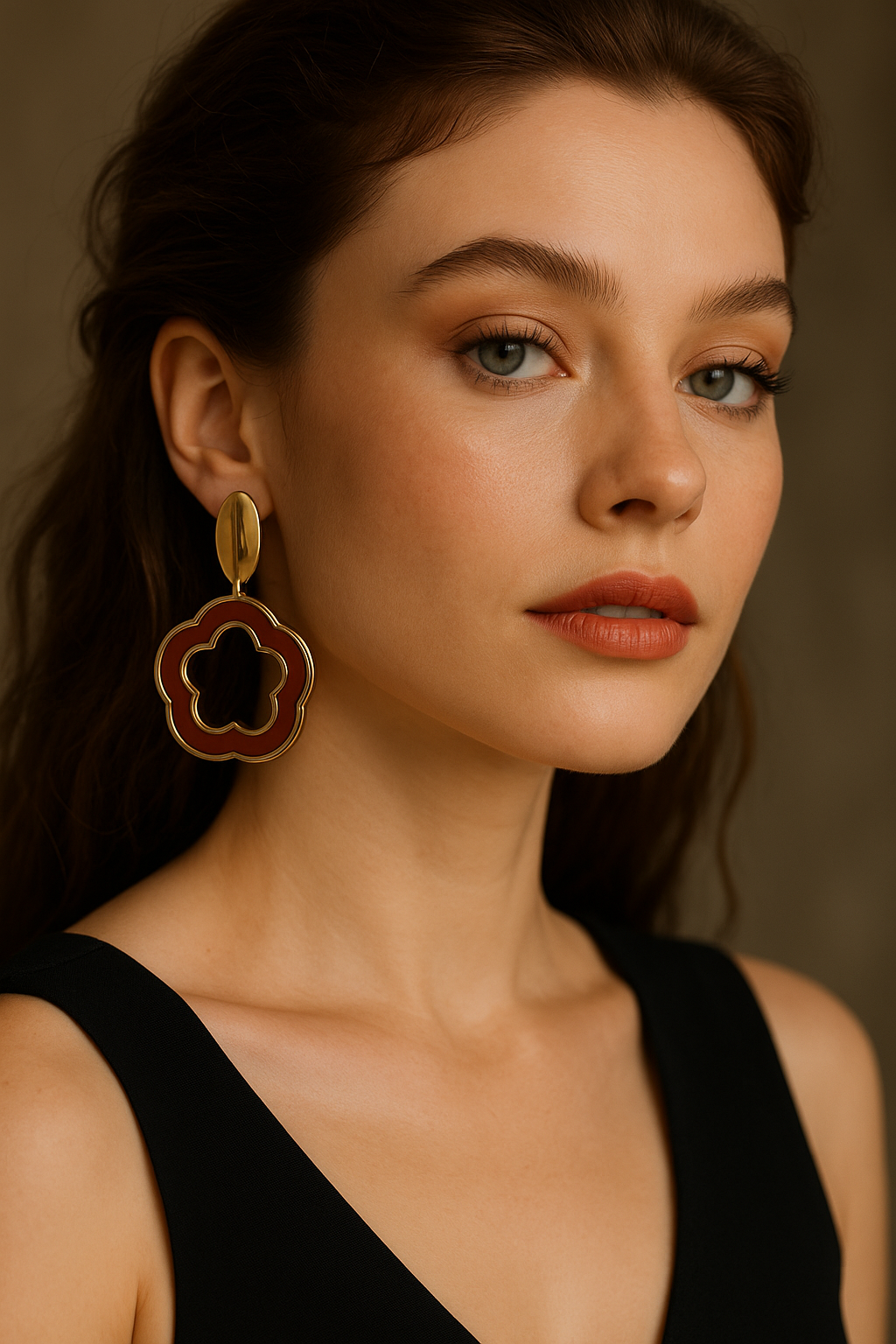 Modern Brown & Gold Flower-Shaped Drop Earrings