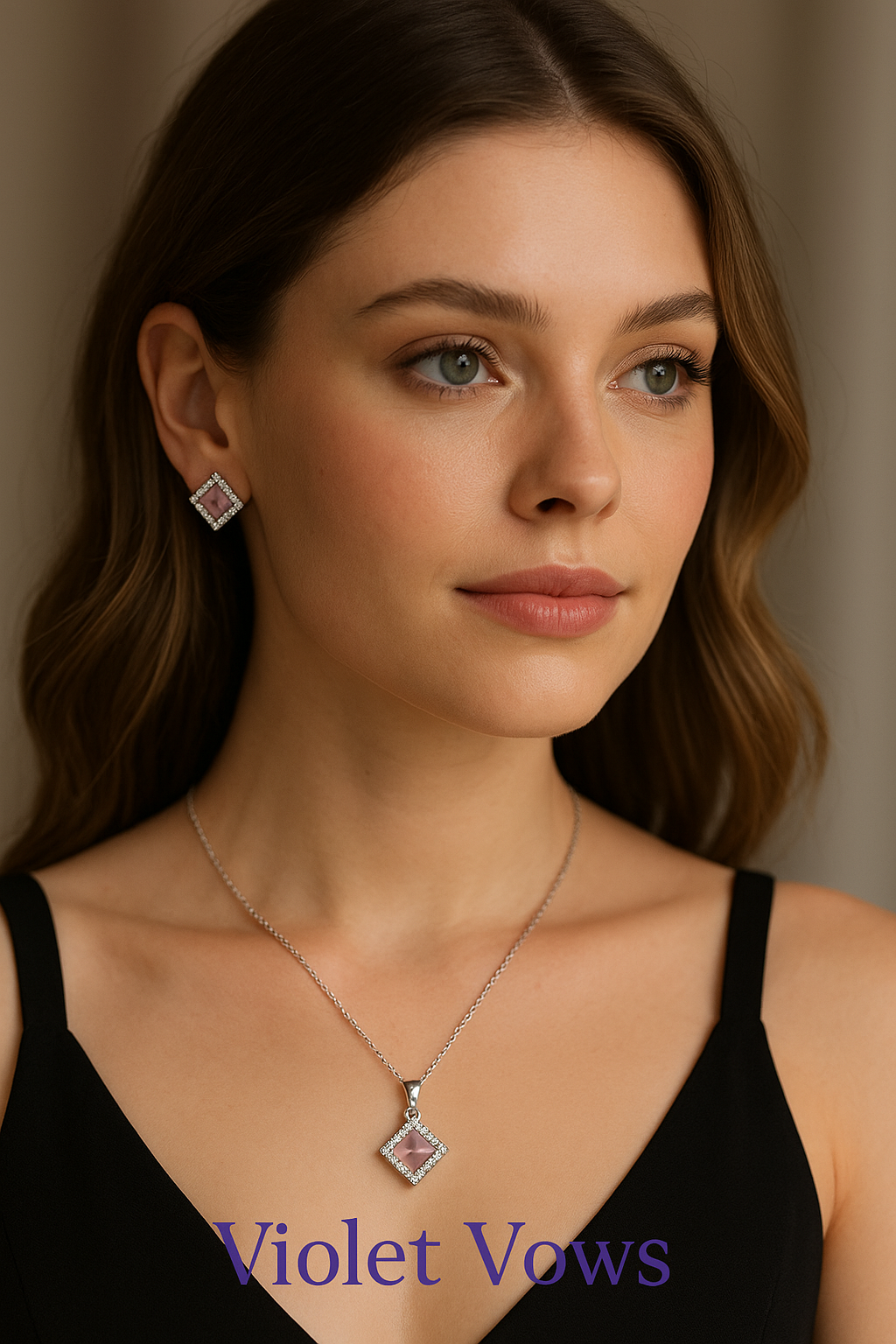 Elegant Square Pink Stone Pendent Set