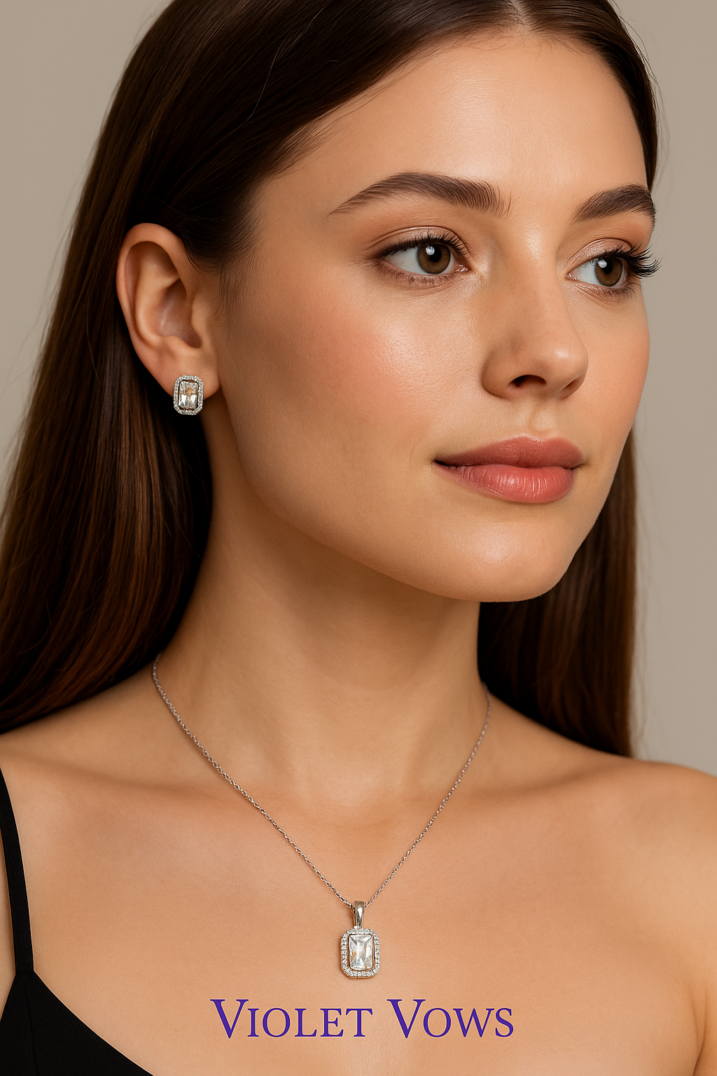 Silver-Plated Square Pendant Set with Clear Stones & Crystal Accents