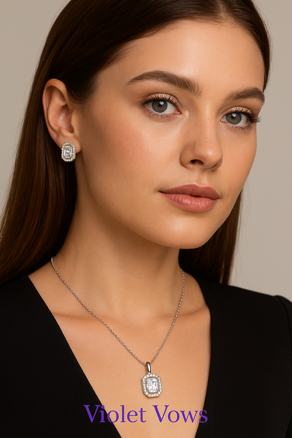 Silver-Plated Square Pendant Set with Clear Stones & Crystal Accents