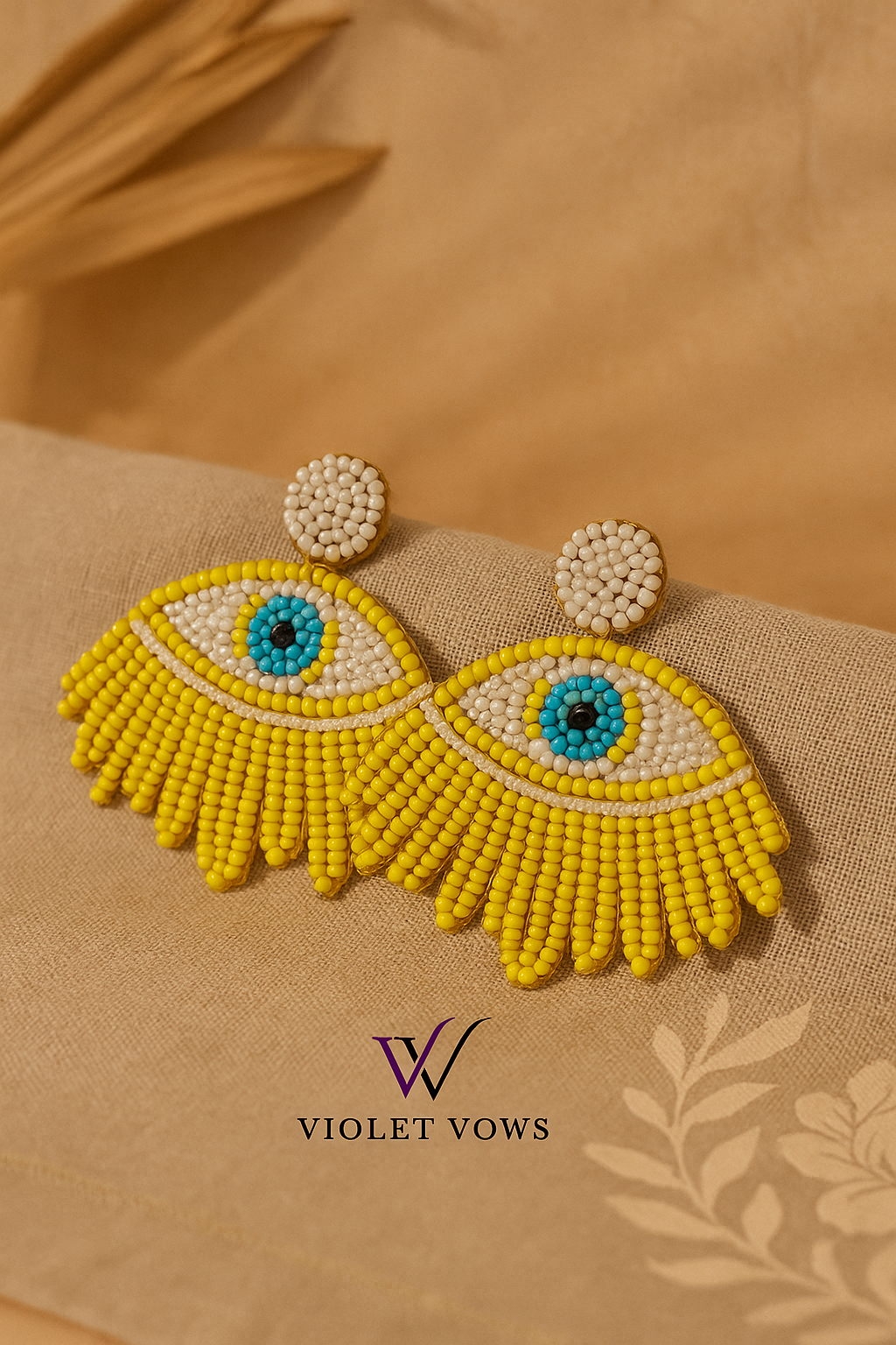 Sunny Yellow Beaded "Evil Eye" Statement Earrings - Handcrafted Protection