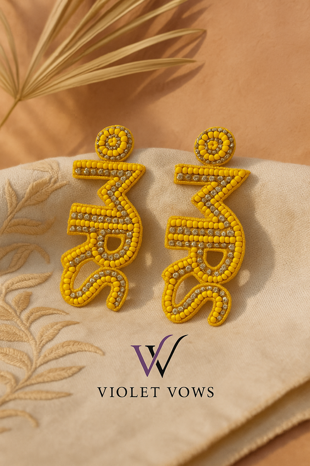 Handcrafted "MRS" Beaded Statement Earrings - Yellow