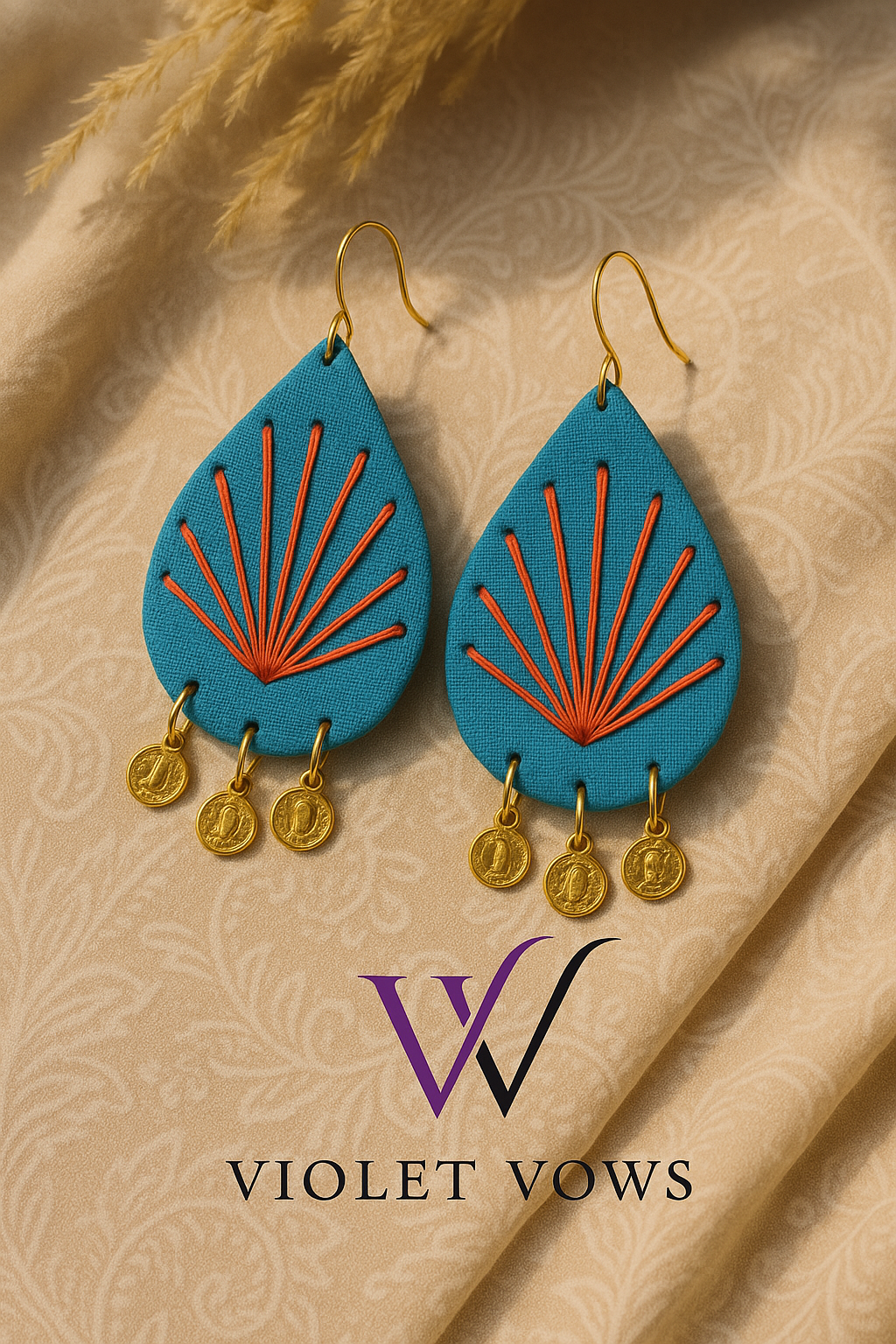 Hand-Embroidered Teardrop Earrings with Coin Accents - Aqua & Orange