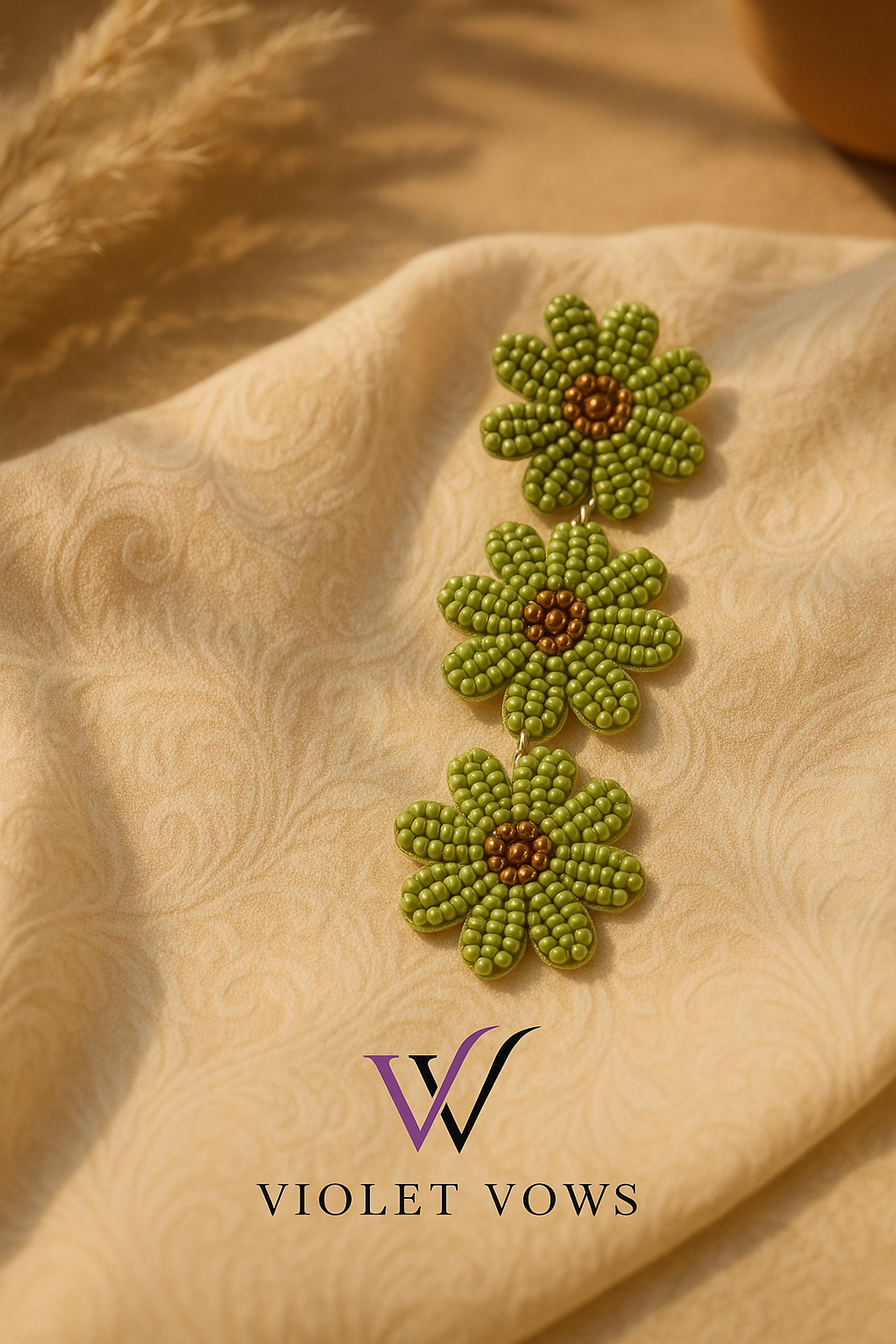 Handcrafted Beaded Flower Earrings - Vibrant Green