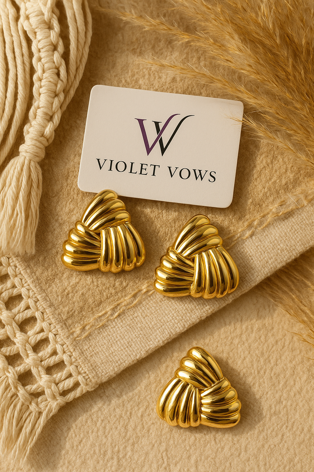 Golden Dual-Texture Triangle Studs