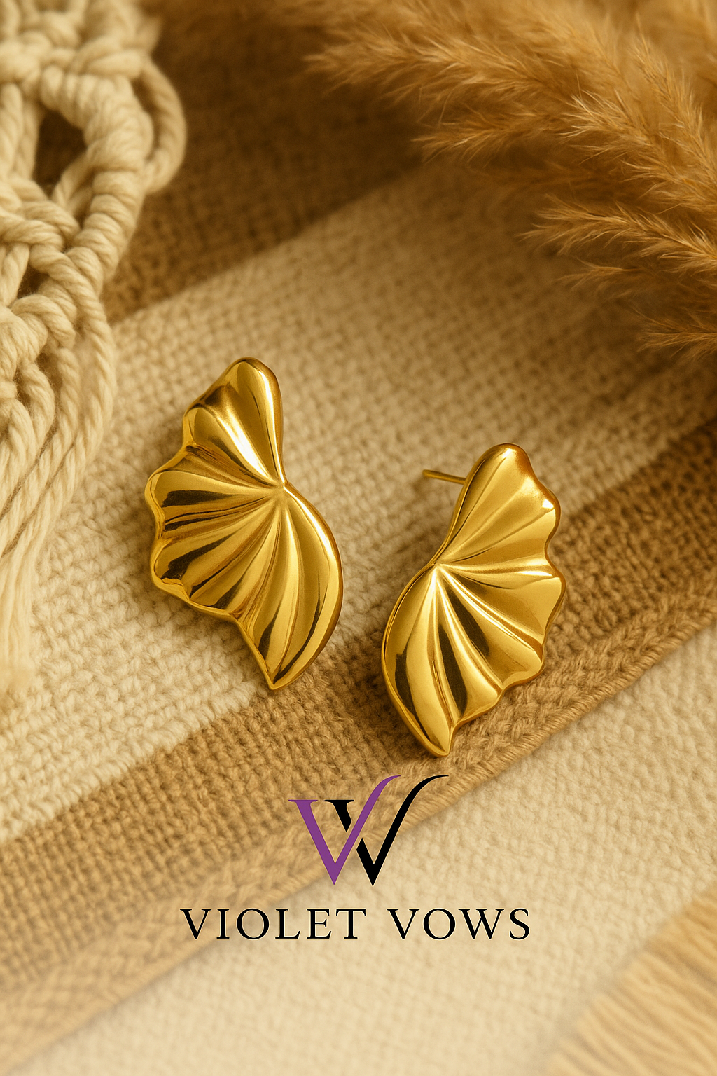 Golden Pleated Fan Earrings - Elegant Statement Studs