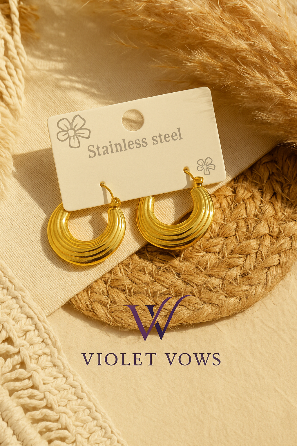 Golden Ribbed Crescent Hoops - Statement Everyday Earrings