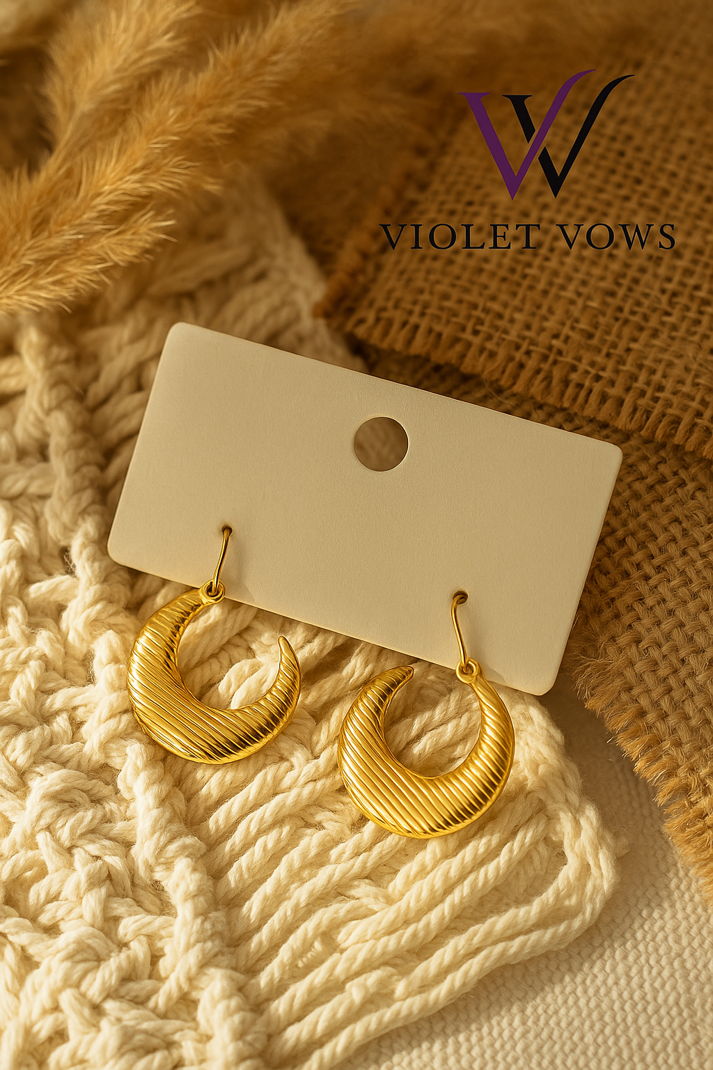 Golden Crescent Hoops - Sculptural Ribbed Earrings