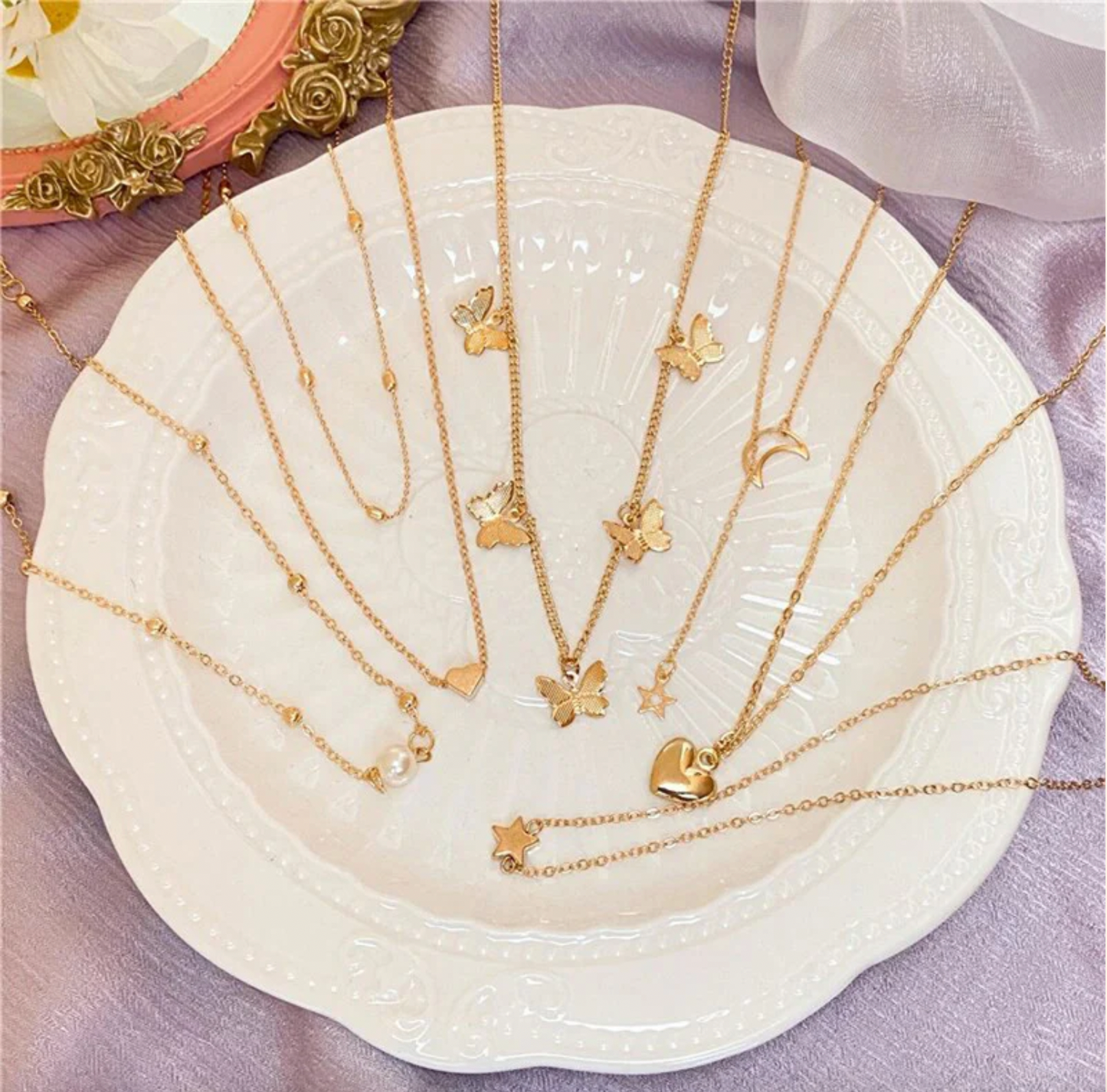 Gold Plated Butterfly inspired Set of 6 Layered Necklace For Women