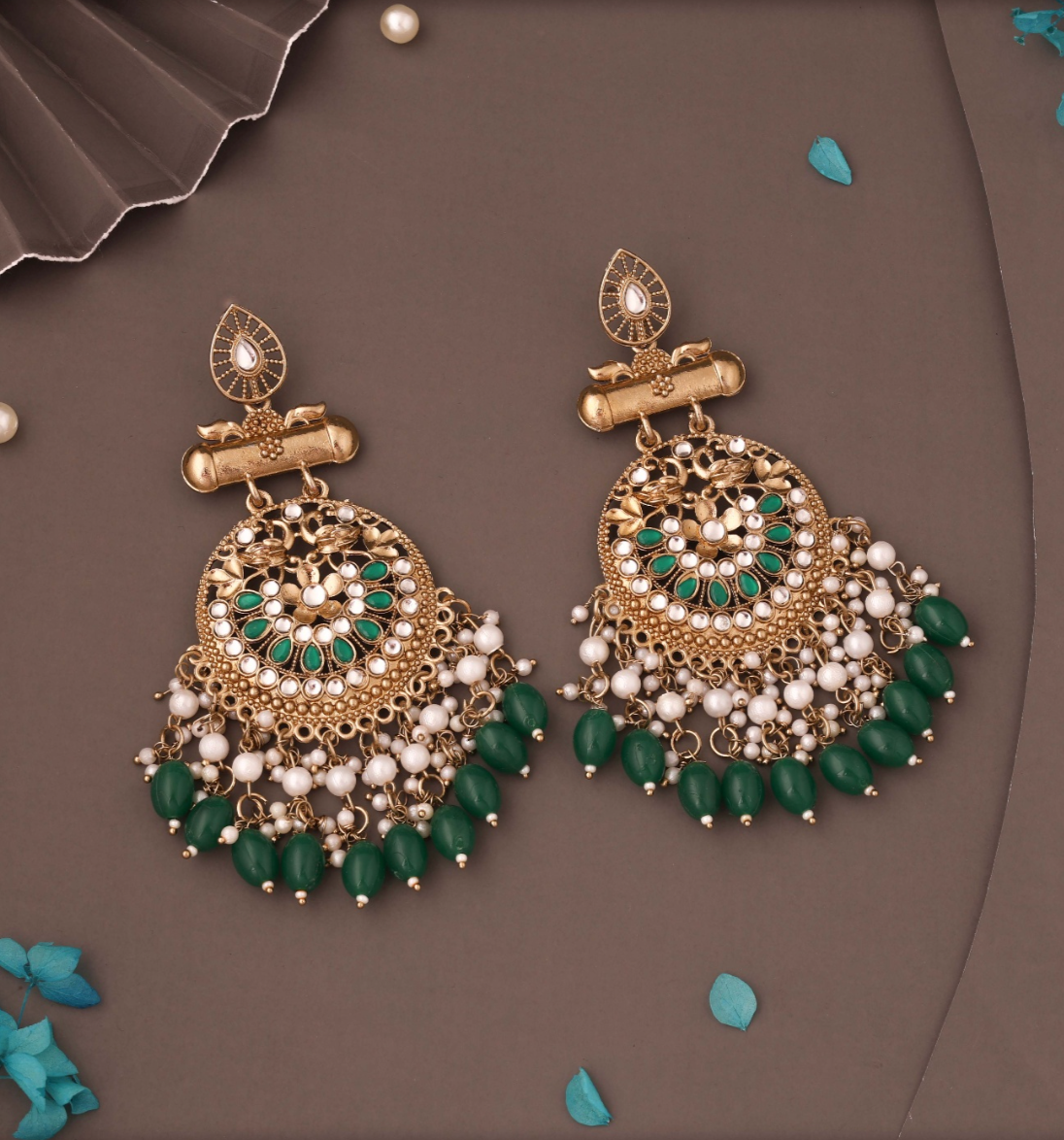 Kismat - Kundan Pearl Studded Dangle Earrings - Green