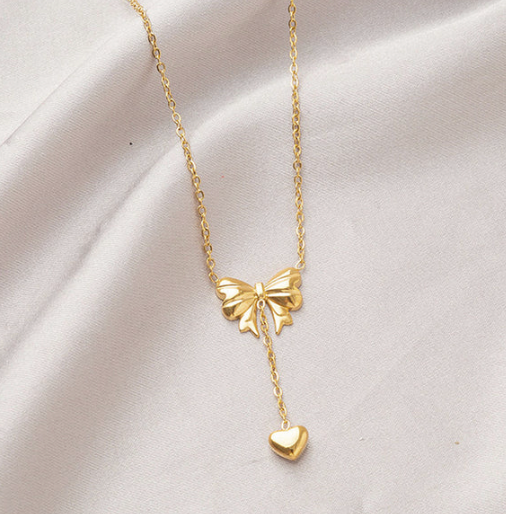 Gold Plated Stainless Steel Anti Tarnish Heart Themed Bow inspired Pendant Necklace