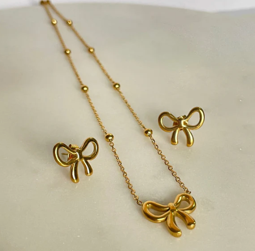 Gold Plated Anti Tarnish Bow Themed Jewellery Set