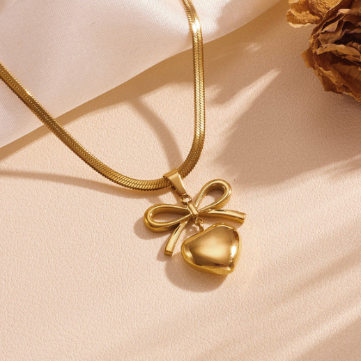 Gold Plated Anti Tarnish Bow Knot Heart Themed Pendant