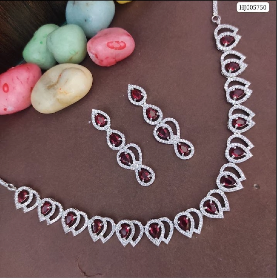 American Diamond Studded Necklace Jewellery Set with Earrings - Red