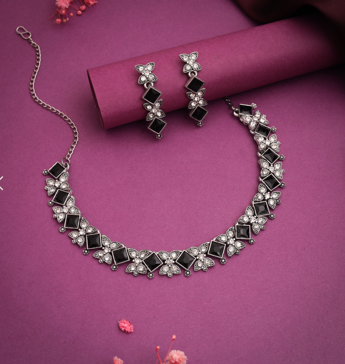 Gold Plated Stone Studded American Diamond Necklace Set - Black