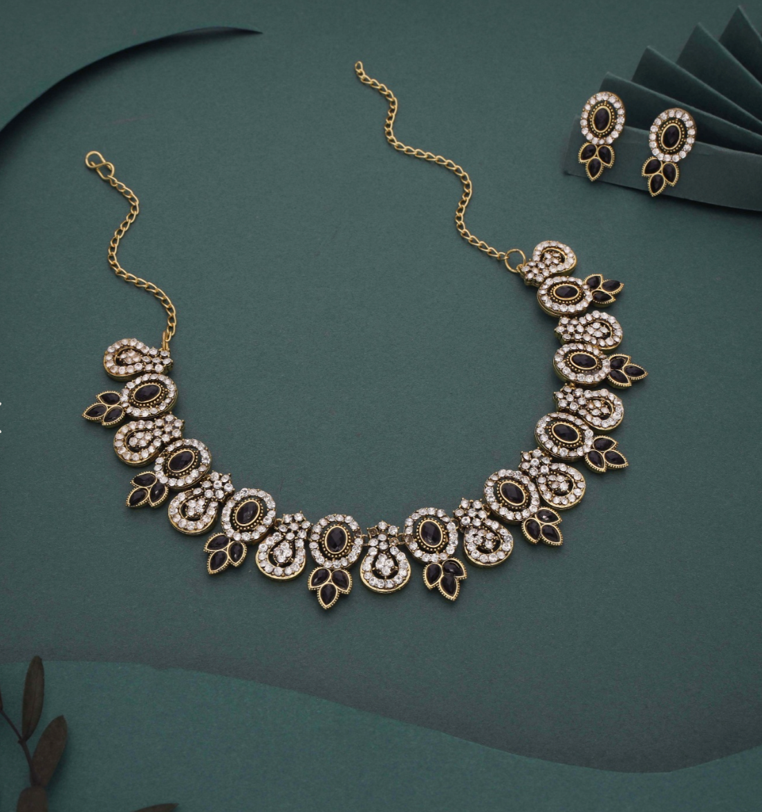 Lohri - Rhodium Plated Zircons Studded Contemporary Party Wear Necklace Set - Black