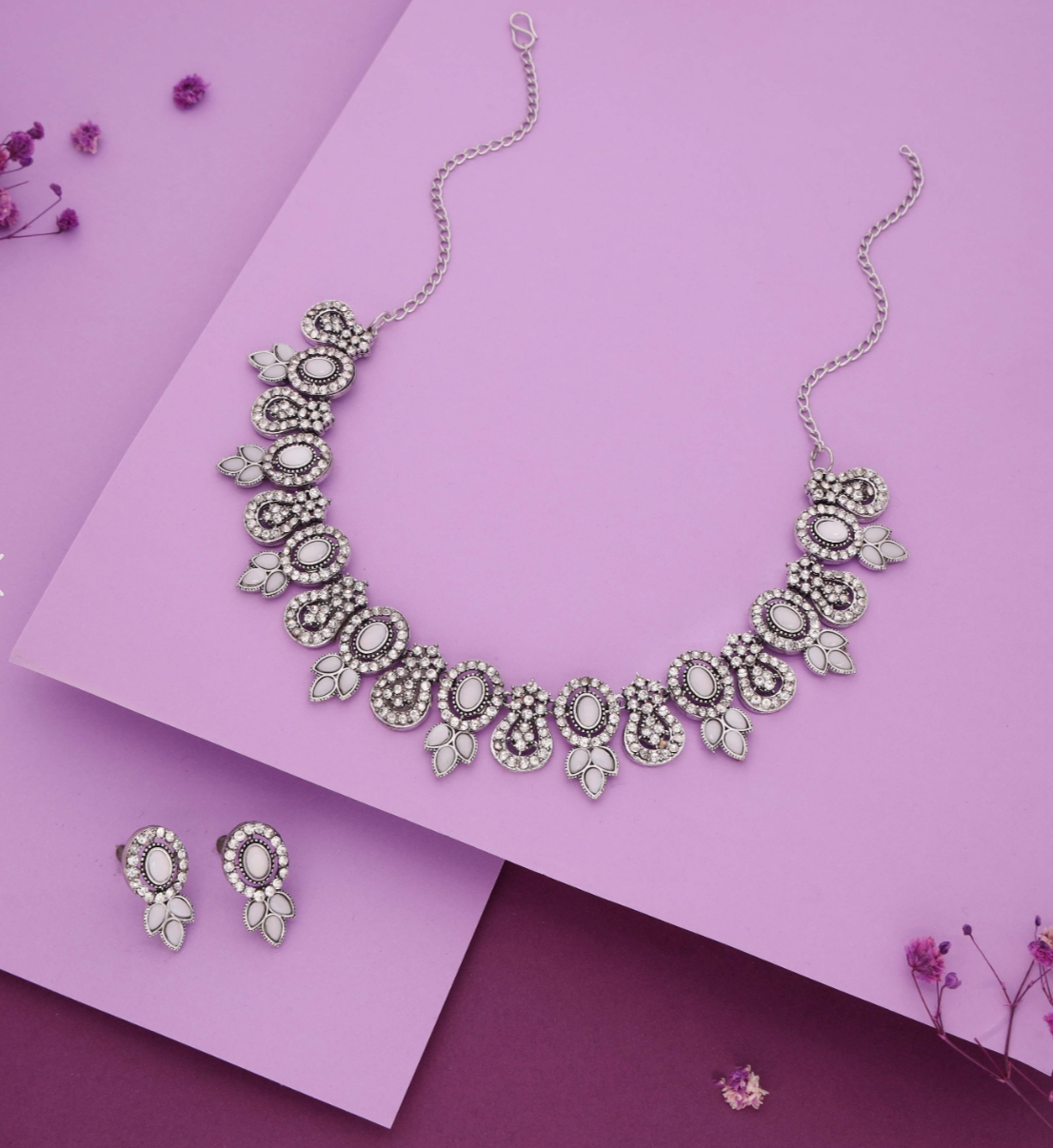 Lohri - Rhodium Plated Zircons Studded Contemporary Party Wear Necklace Set - White