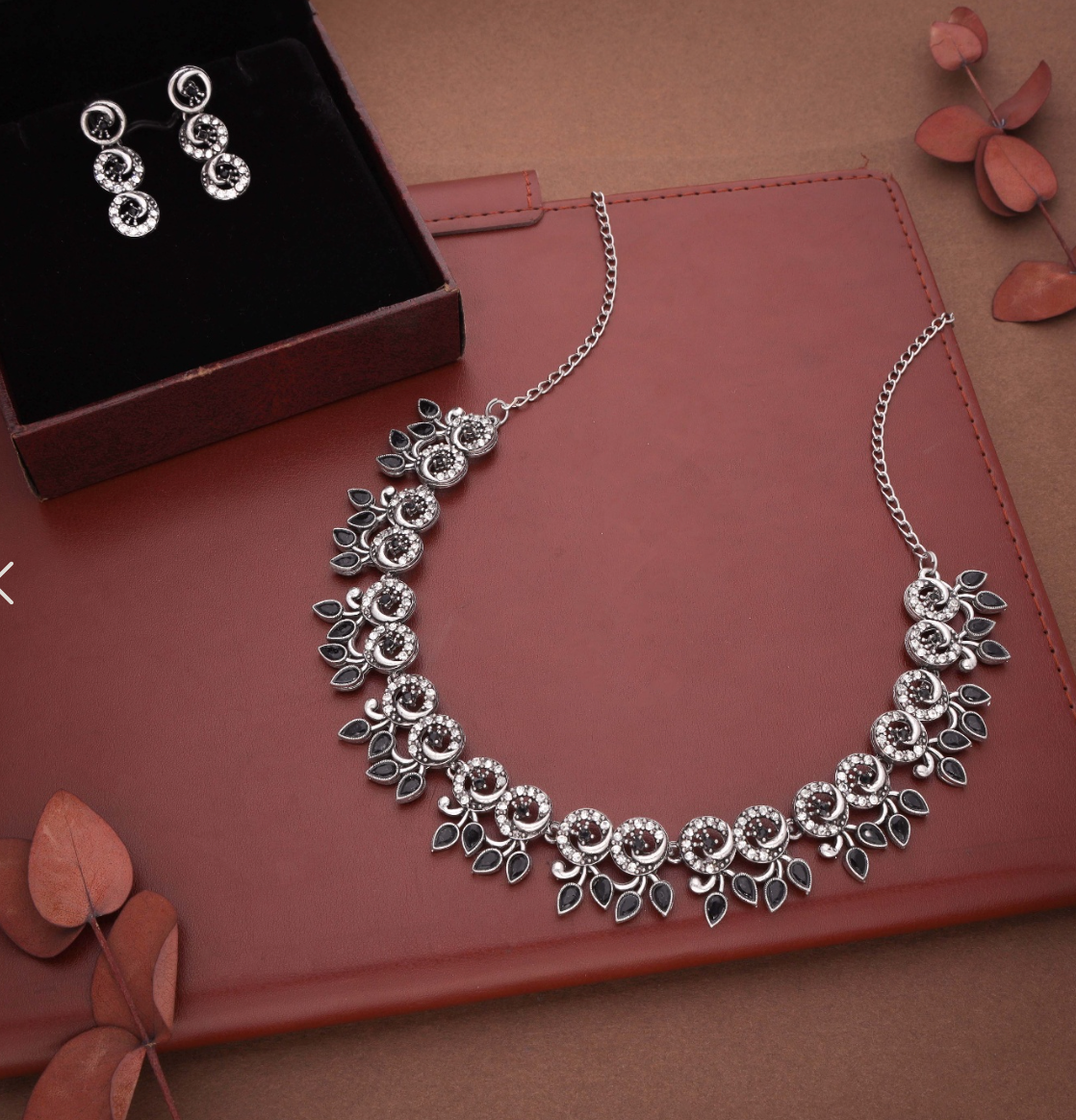 Geet - Elegant Silver-Plated Floral Design Necklace Set - Black