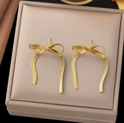 Gold Plated Anti Tarnish Bow Themed Drop Earrings