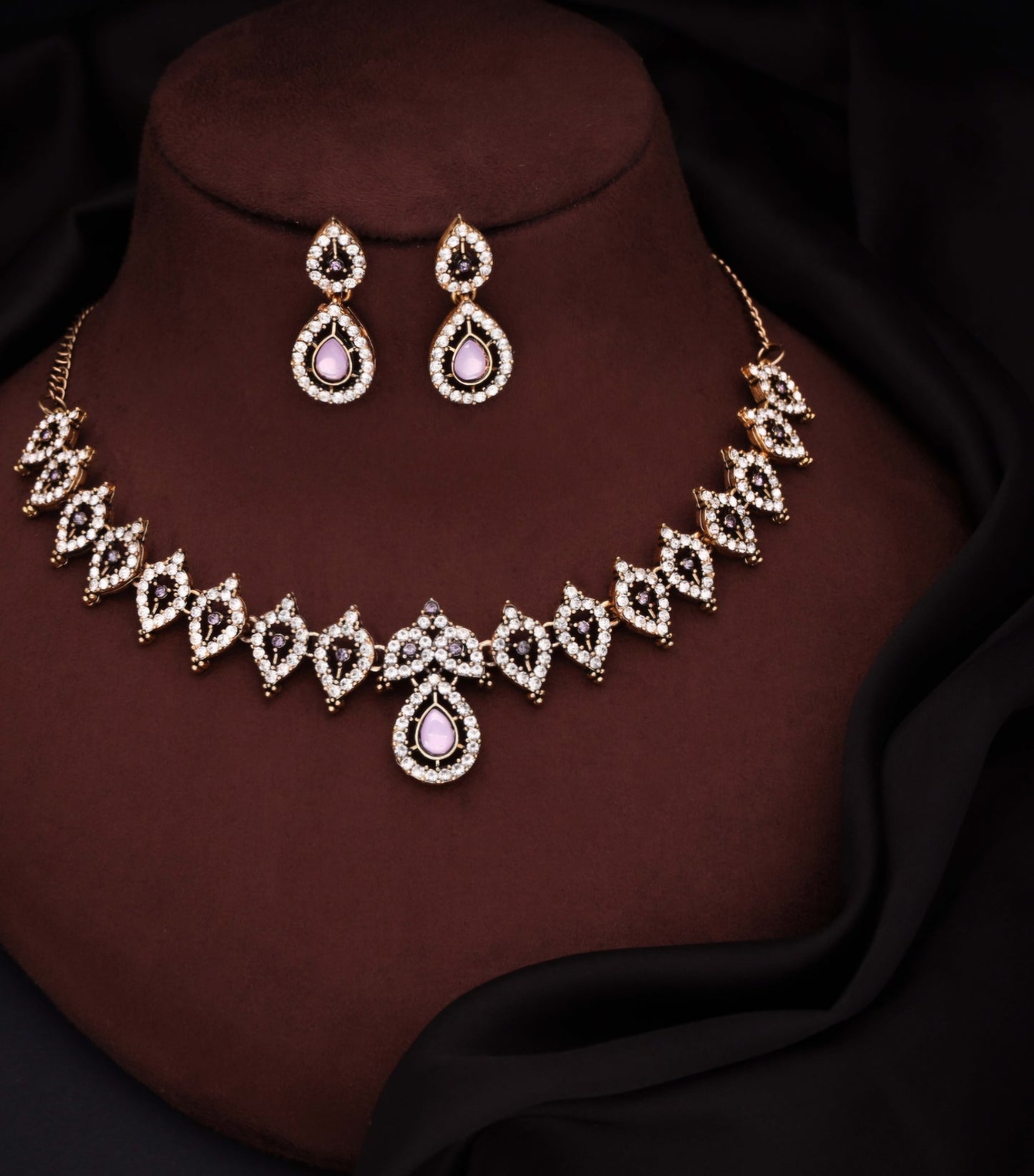 Almond - Silver-Plated Handcrafted AD Studded Choker Jewellery Set - White