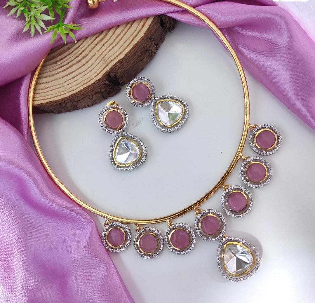 Gold Plated Kundan Stone Studded Jewellery Set - Pink
