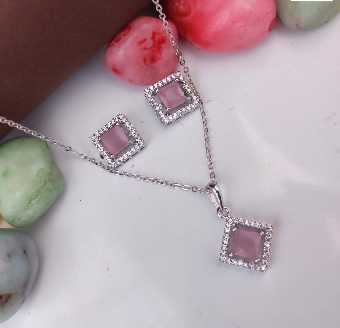 Elegant Square Pink Stone Pendent Set
