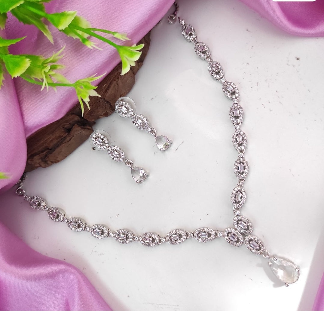 Deepika Inspired Necklace - Silver-Toned CZ Necklace Set - White