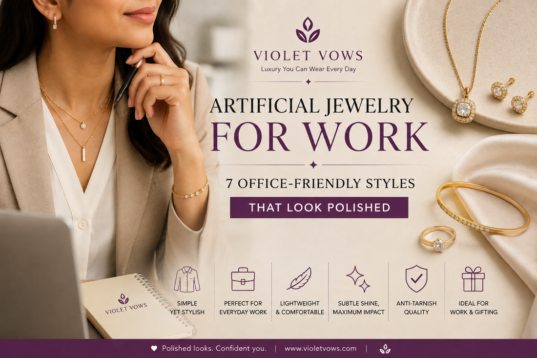 Woman wearing elegant artificial jewelry with a work outfit, showcasing office-friendly jewelry styles for polished everyday looks