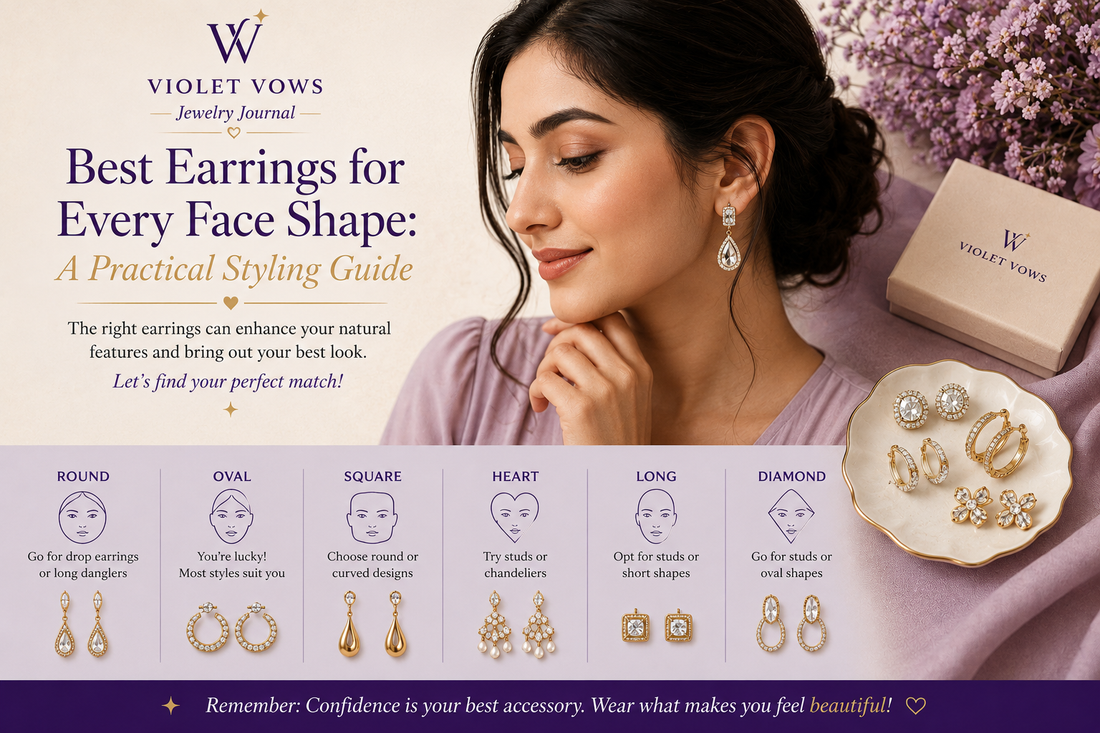 Earrings for different face shapes including studs hoops and drop earrings
