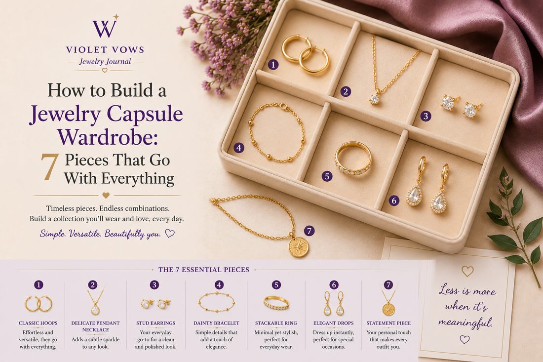 Jewelry capsule wardrobe featuring seven essential gold jewelry pieces including earrings necklace bracelet and ring