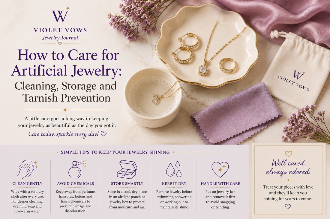Artificial jewelry with cleaning cloth storage pouch and care accessories