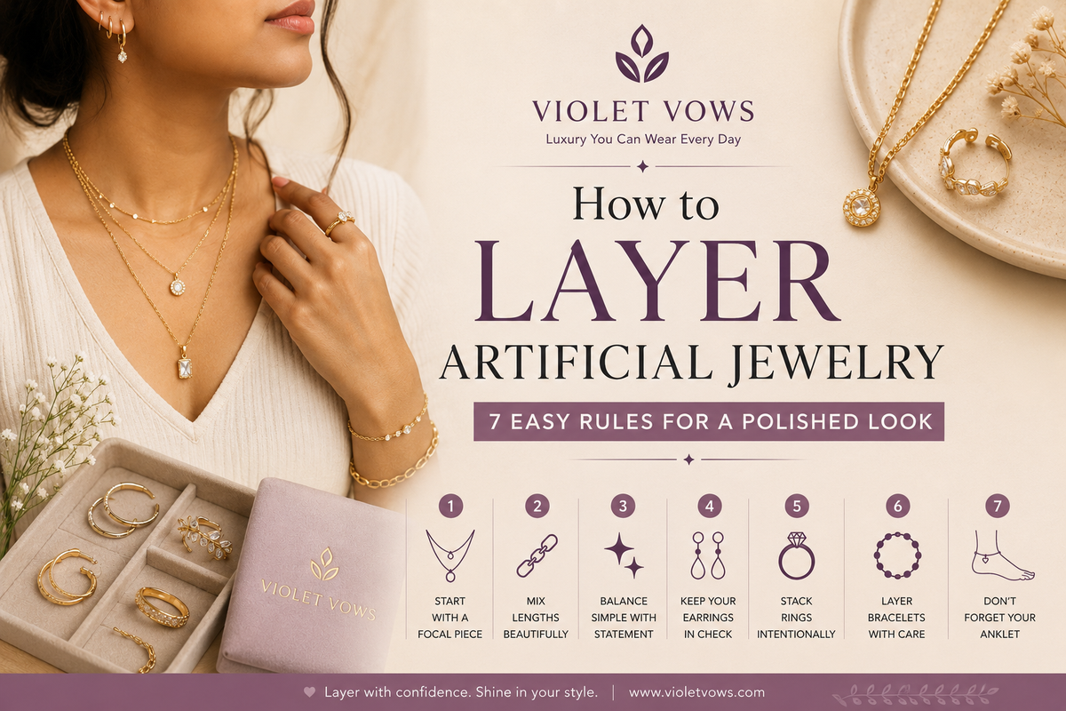 Woman wearing layered gold artificial jewelry with necklaces earrings rings bracelet and anklet