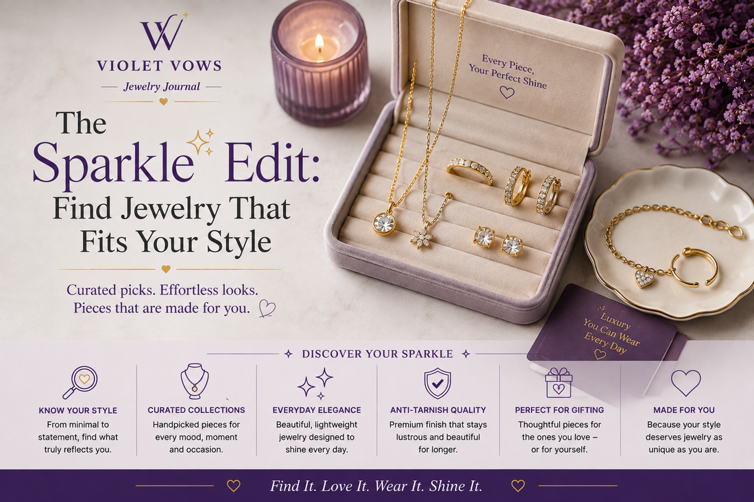 Violet Vows jewelry collection with earrings necklaces and rings for different styles