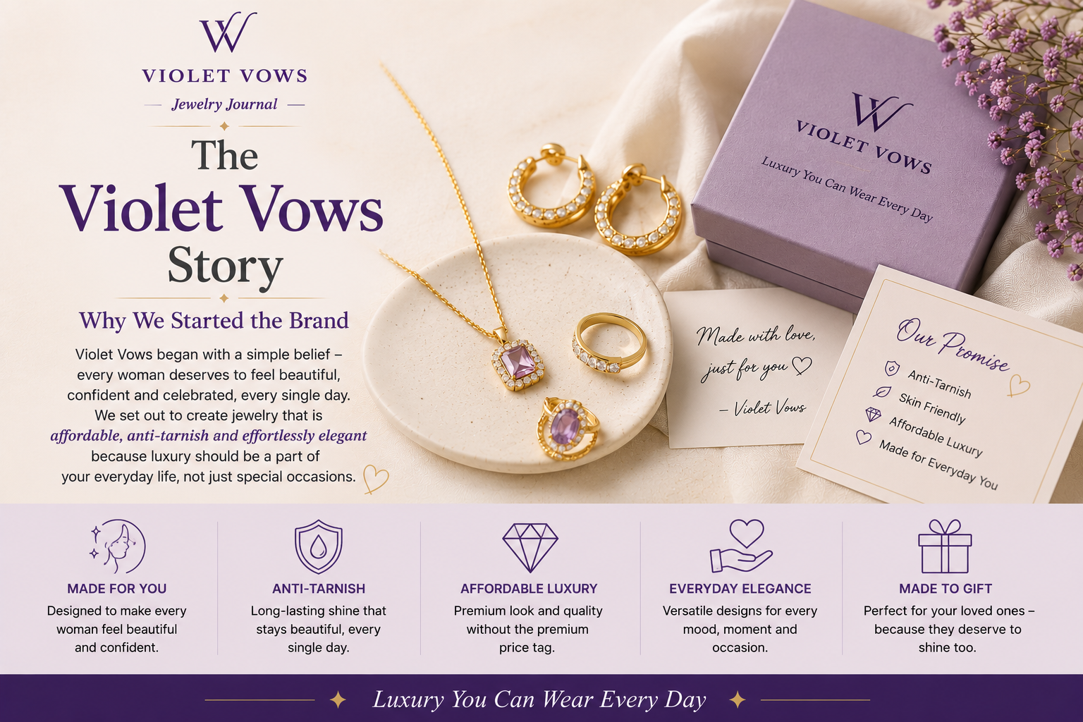 Violet Vows jewelry collection with branded jewelry box