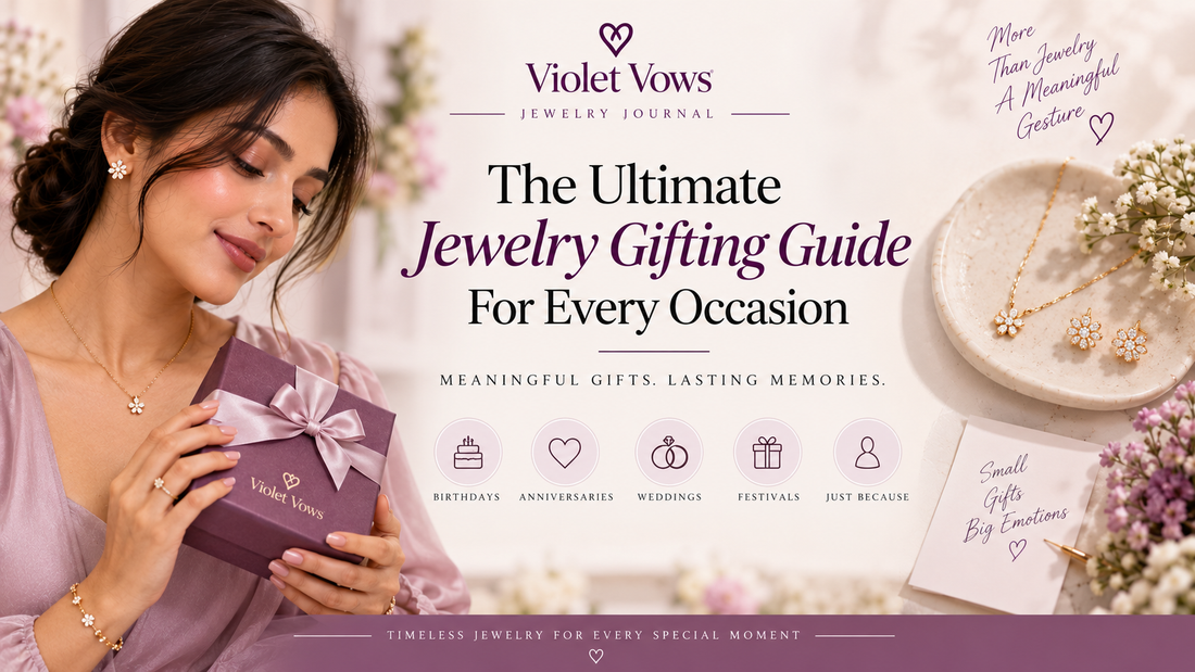 Violet Vows jewelry gifting guide featuring a woman holding a jewelry gift box with necklace, earrings and bracelet ideas