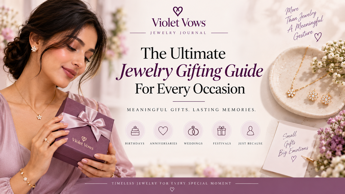 Violet Vows jewelry gifting guide featuring a woman holding a jewelry gift box with necklace, earrings and bracelet ideas