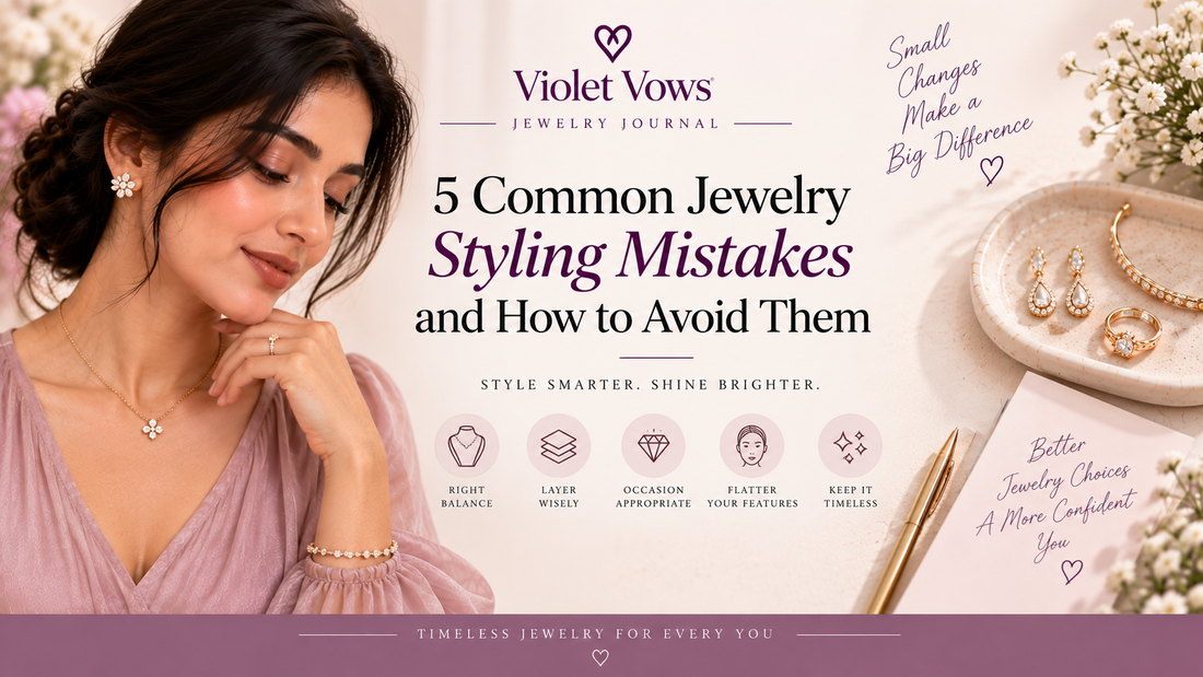 Violet Vows Jewelry Journal banner showing five common jewelry styling mistakes and tips for balanced jewelry styling