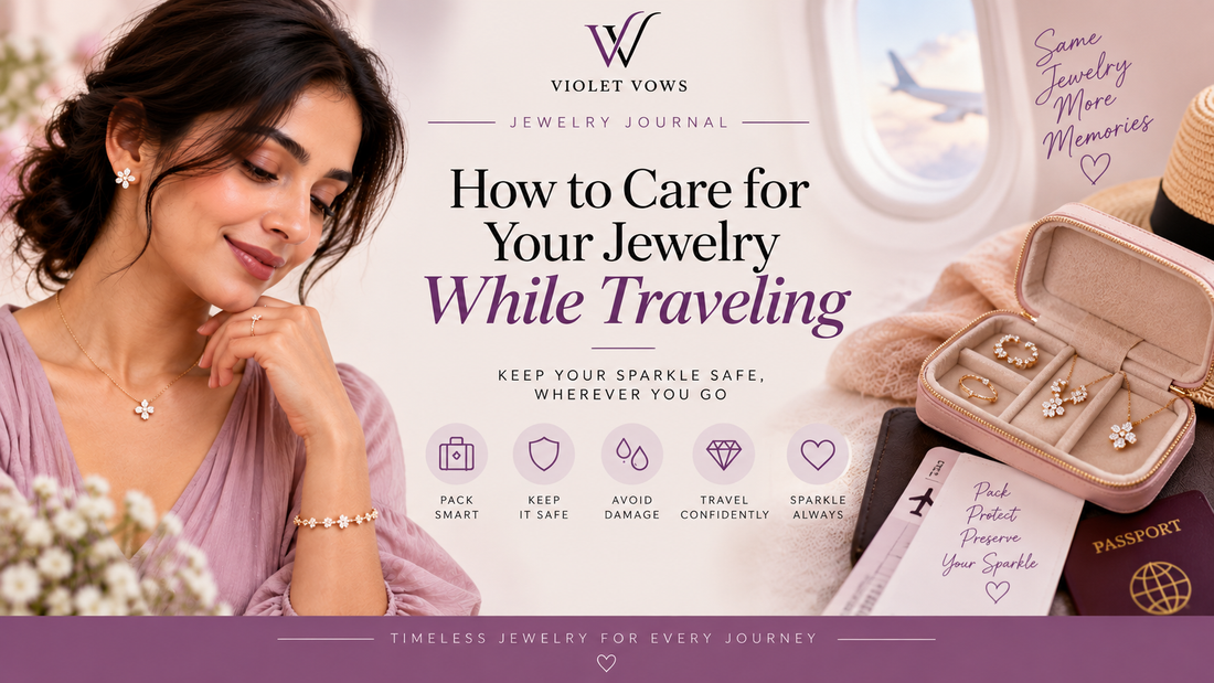 Violet Vows Jewelry Journal banner about how to care for jewelry while traveling