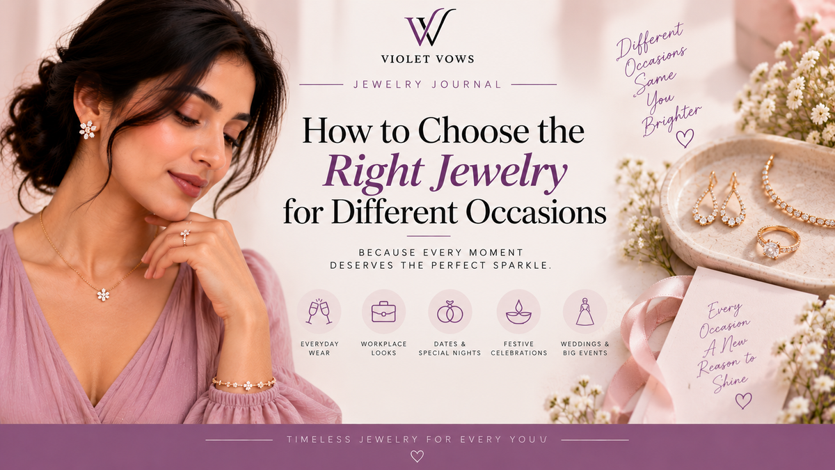 Violet Vows Jewelry Journal banner showing how to choose jewelry for everyday wear, work, dates, festive occasions, and weddings