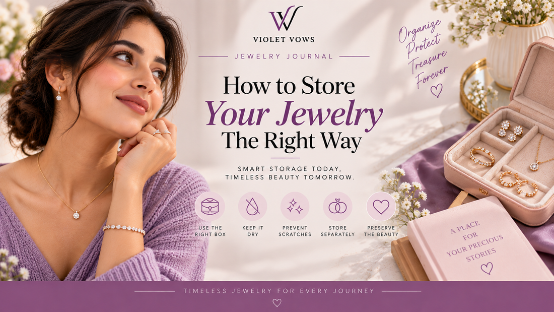 Violet Vows Jewelry Journal banner showing a woman wearing jewelry beside an organized jewelry box with simple jewelry storage tips