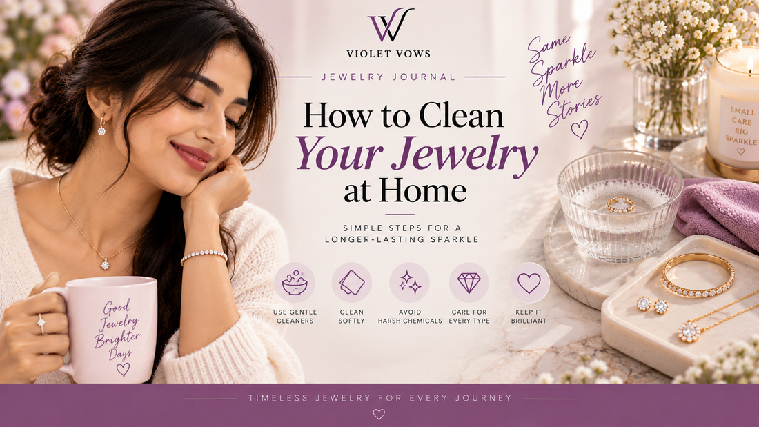 Violet Vows Jewelry Journal banner showing a woman wearing elegant jewelry with simple at-home jewelry cleaning tips