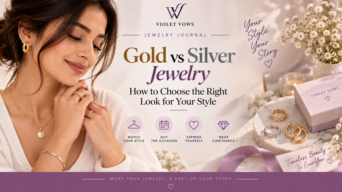Violet Vows Jewelry Journal banner showing elegant gold and silver jewelry and guidance on choosing the right metal for your style