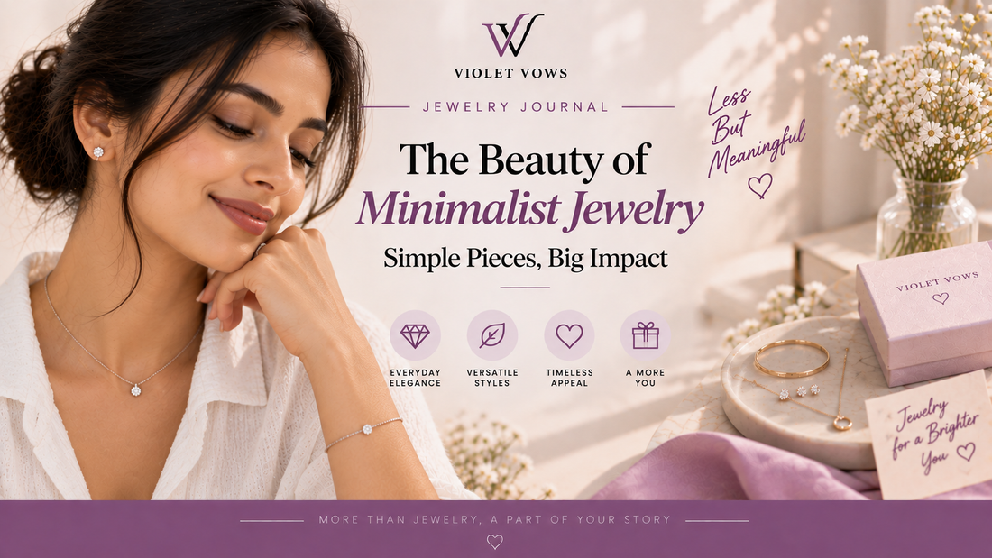 Violet Vows Jewelry Journal banner showing a woman wearing delicate minimalist jewelry in an elegant everyday setting
